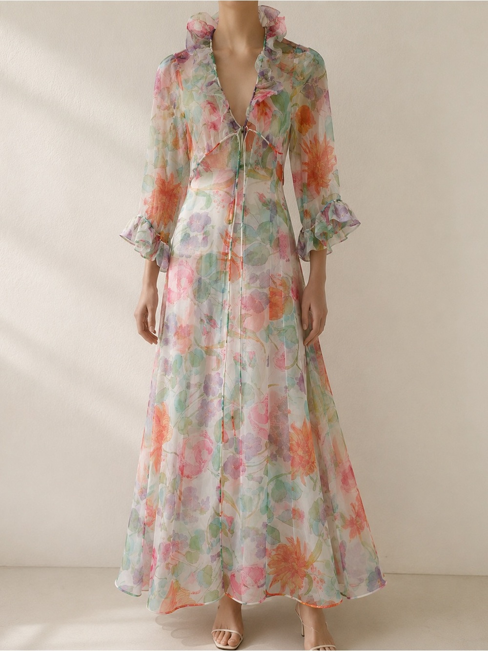 Vanity Fair Peignoir Sz 34 Long Sheer Nightgown Pastel Floral Ruffle Sleeve Vtg